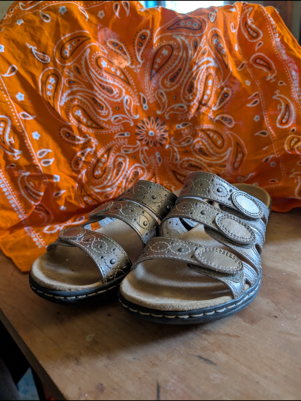 Clarks Metallic Bronze Triple-Strap Comfort Slide Sandals